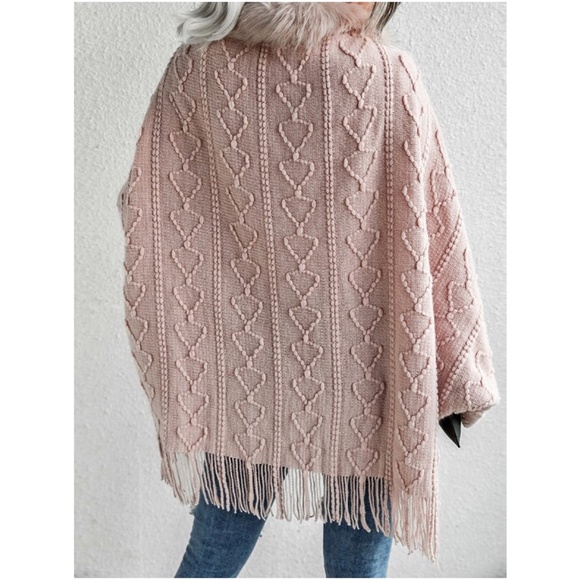 Classic Dusty Pink Vegan Fur Tassel Hem Open Front Cardigan Luxe - Picture 2 of 11